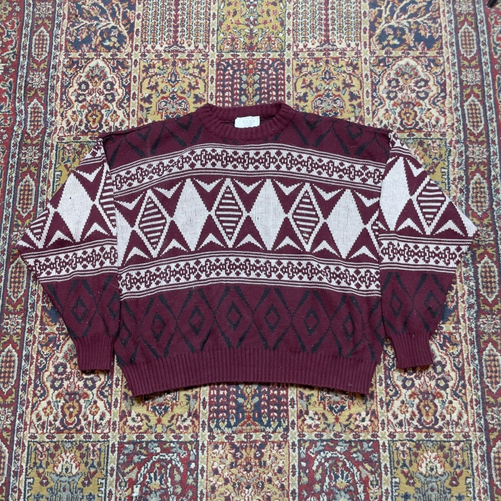 VTG‎ 80s 90s Sears Geometric Aztec Argyle Knit Sweater Burgundy XL Made in USA